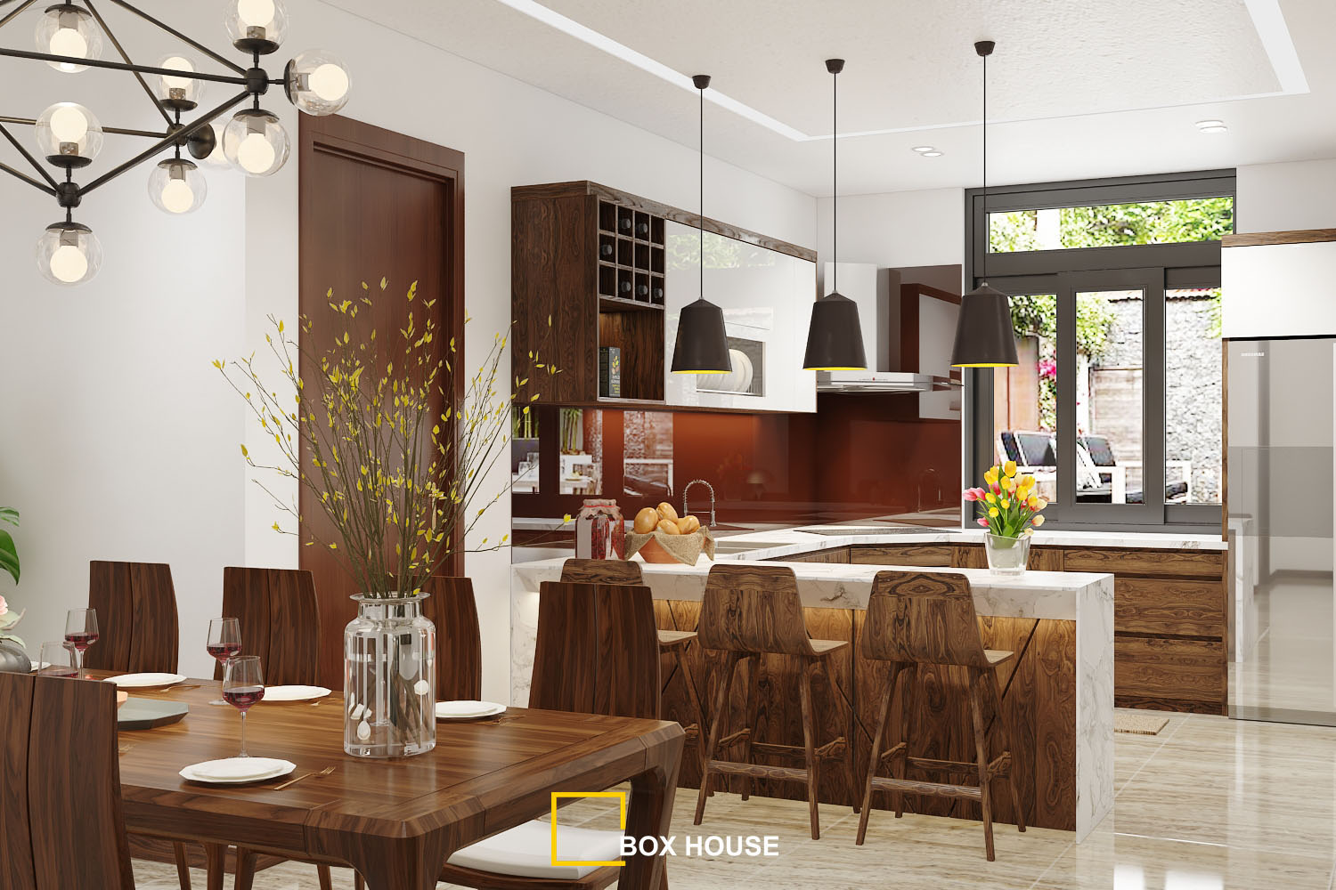 Thiết kế nội thất nhà bếp biệt thự vườn bằng gỗ tự nhiên