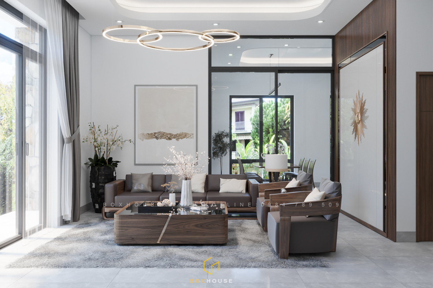 phòng khách sử dụng toàn bộ bằng gỗ tự nhiên