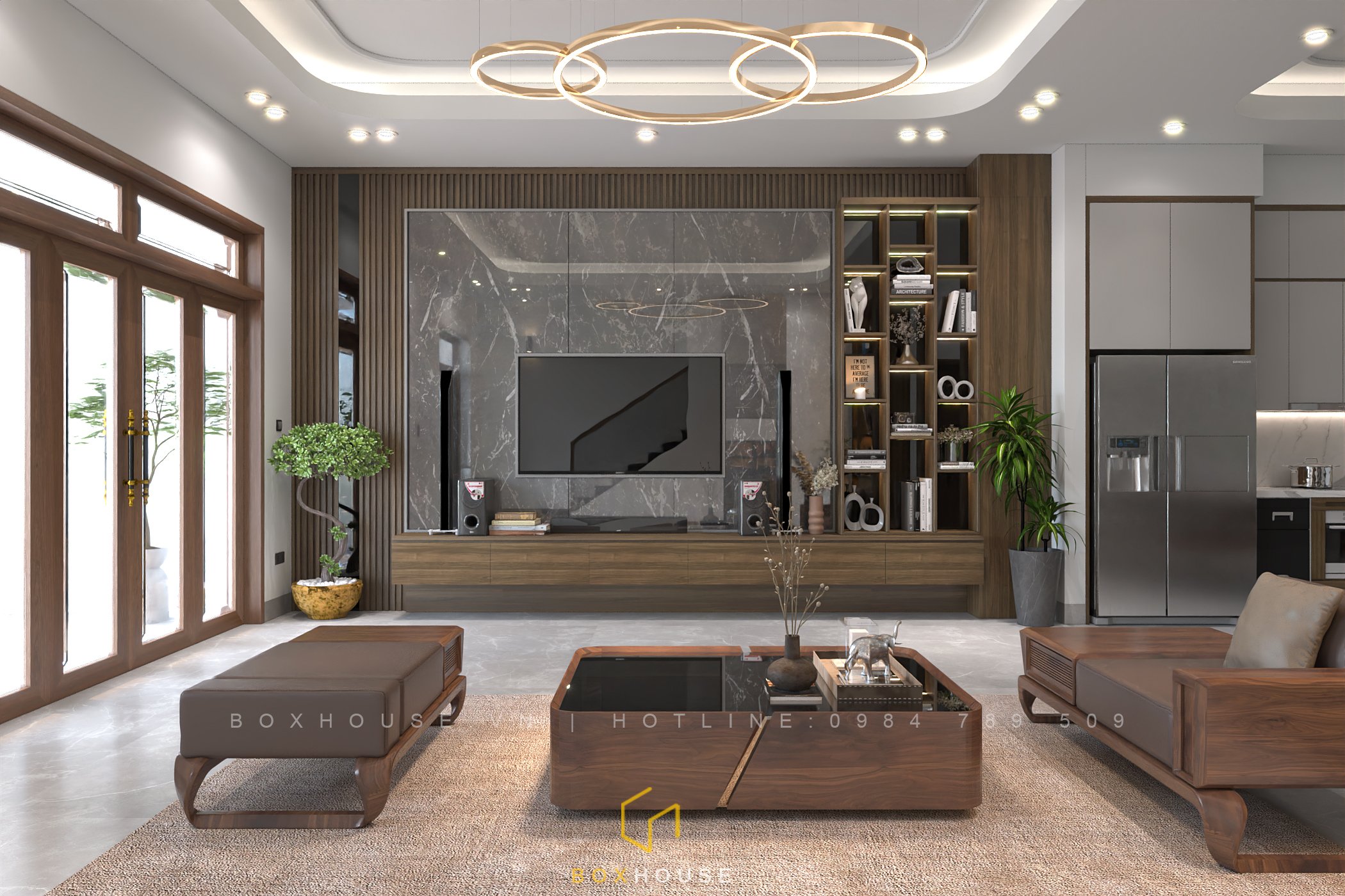 Tổng quan nội thất phòng khách hiện đại, kết hợp giữa gỗ tự nhiên và gỗ công nghiệp trong thi công