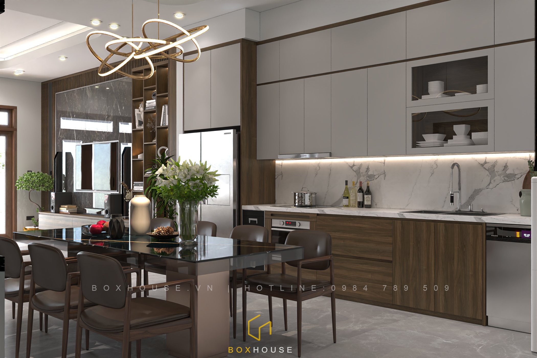 Phối cảnh nội thất bếp hiện đại, sang trọng