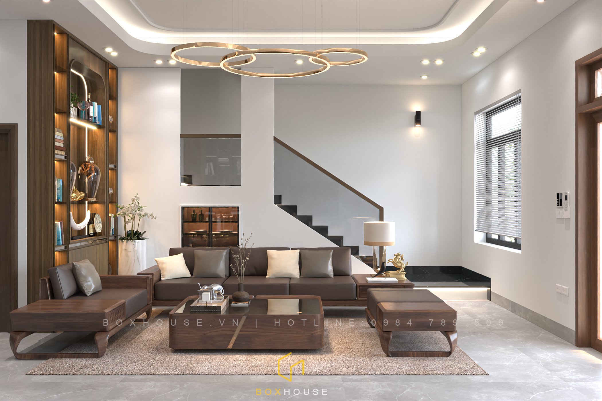Nội thất phòng khách sử dụng gỗ sồi nhập khẩu