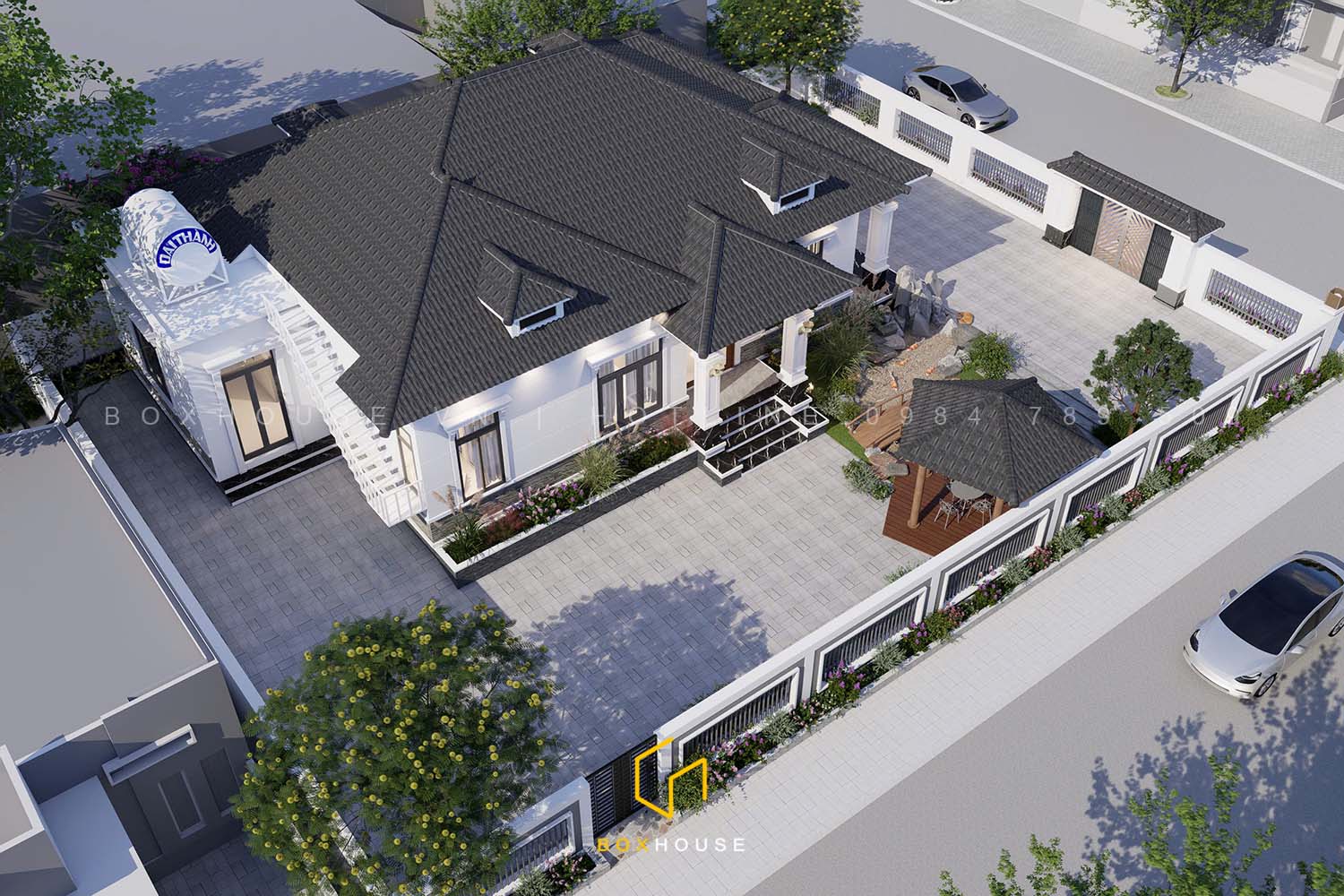 Phối cảnh tổng thể mẫu nhà vườn mái Nhật 220m2 tại Nông Cống Thanh Hóa
