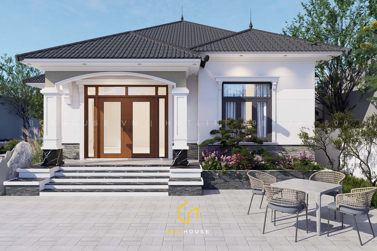 Mặt tiền sang trọng của nhà vườn mái Nhật 220m2 hiện đại
