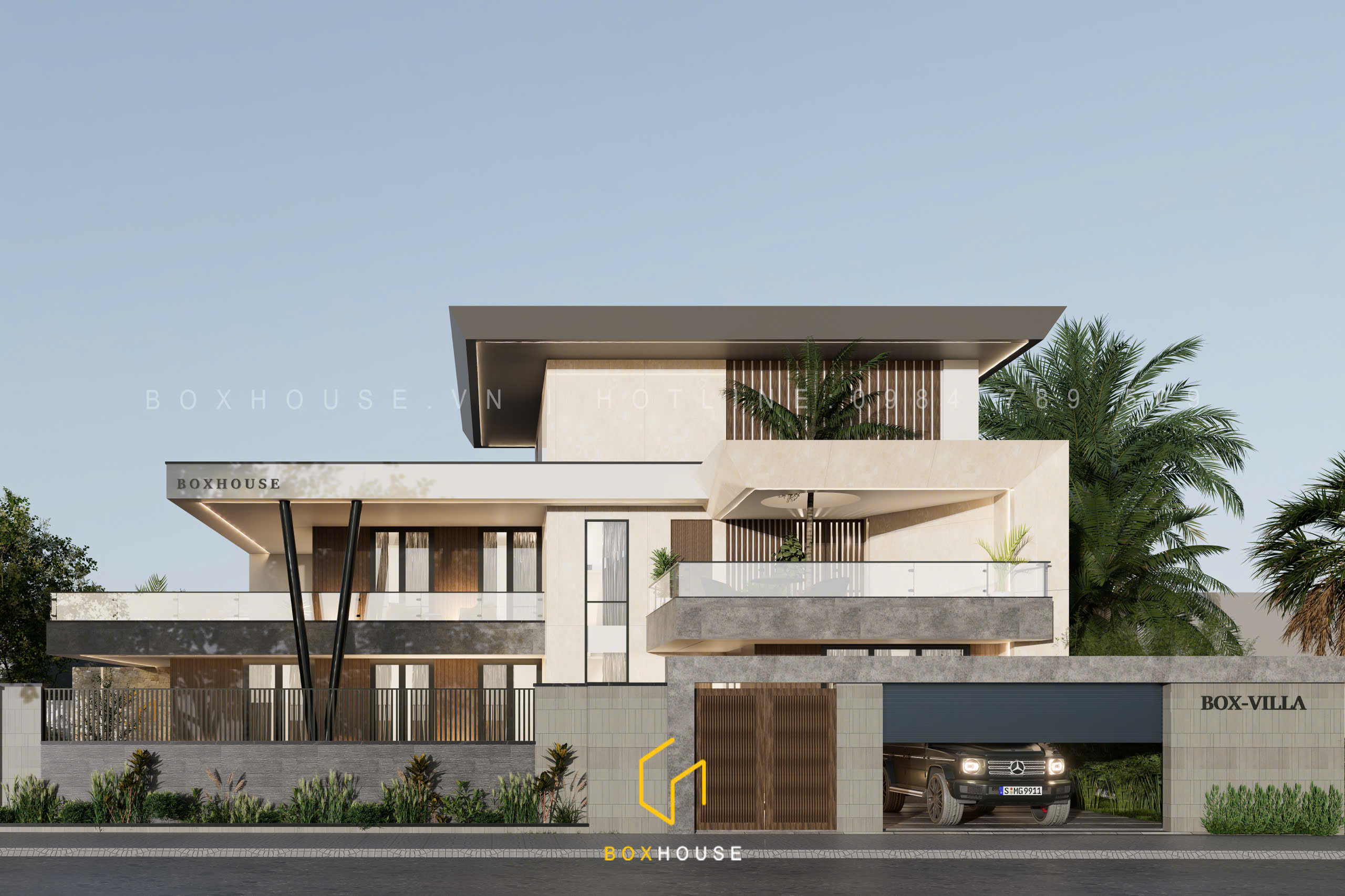 Mẫu Villa 3 tầng hiện đại 420m2 cao cấp với gara ô tô và khu vườn xanh mát.