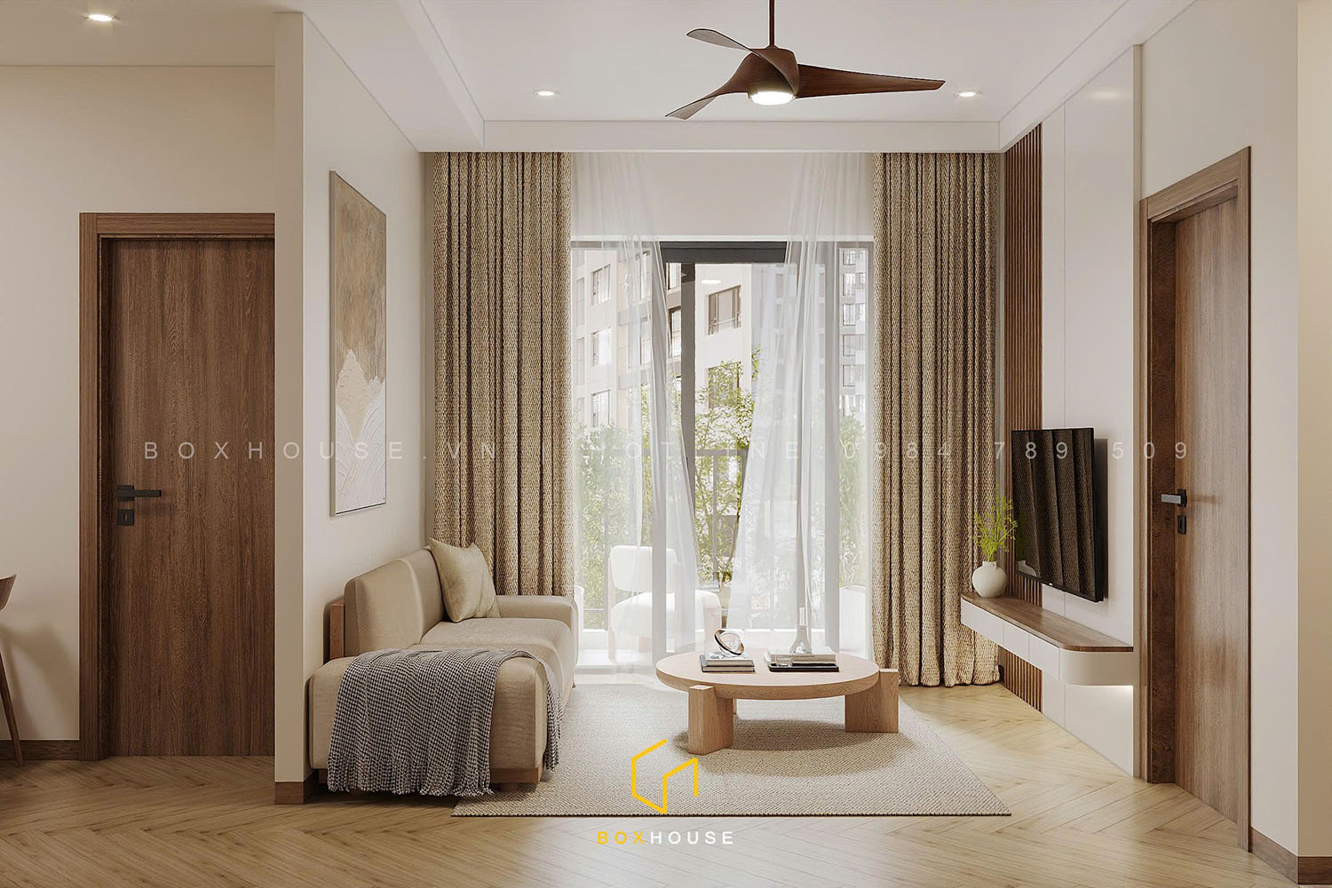 Không gian phòng khách chung cư NOXH Vinhomes Thanh Hóa thiết kế hiện đại, sử dụng tông màu sáng và điểm nhấn gỗ tự nhiên.