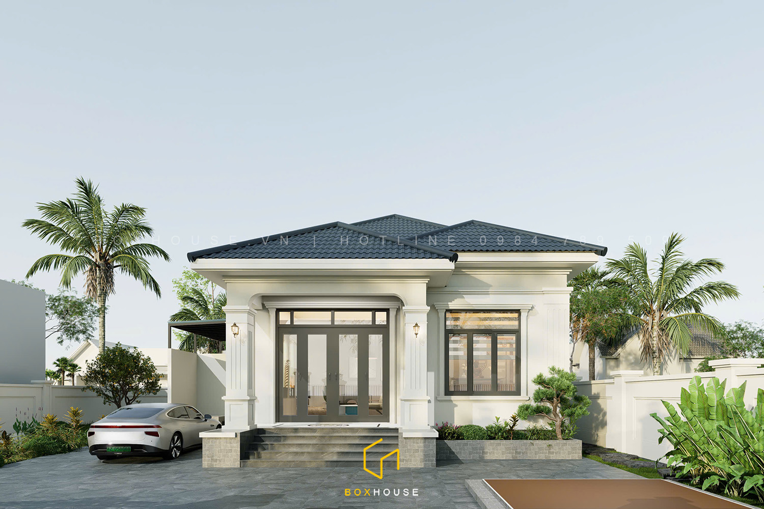 Mặt tiền nhà vườn 1 tầng mái Nhật 130m2 tại Nông Cống với thiết kế hiện đại, mái ngói xanh nổi bật, sân rộng và cổng sắt sang trọng.